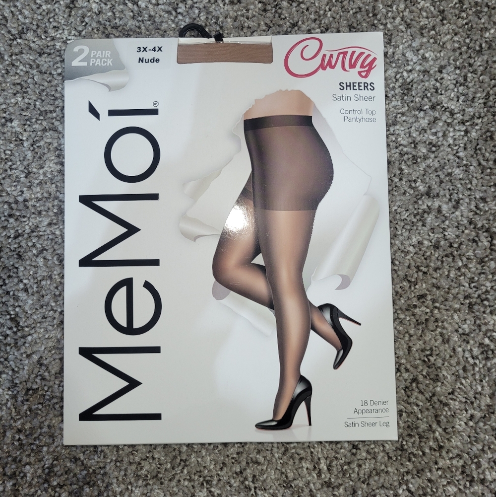 2 2-Pks(4 Pairs) MeMoi Womens Size 3X-4X Nude Satin Sheer Control Top Pantyhose - Picture 2 of 9